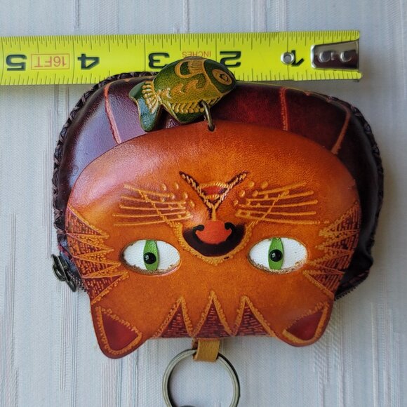 Leather Cat Kitty Face With Fish Charm Handcrafted Wristlet Coin Change Pouch - Picture 9 of 16
